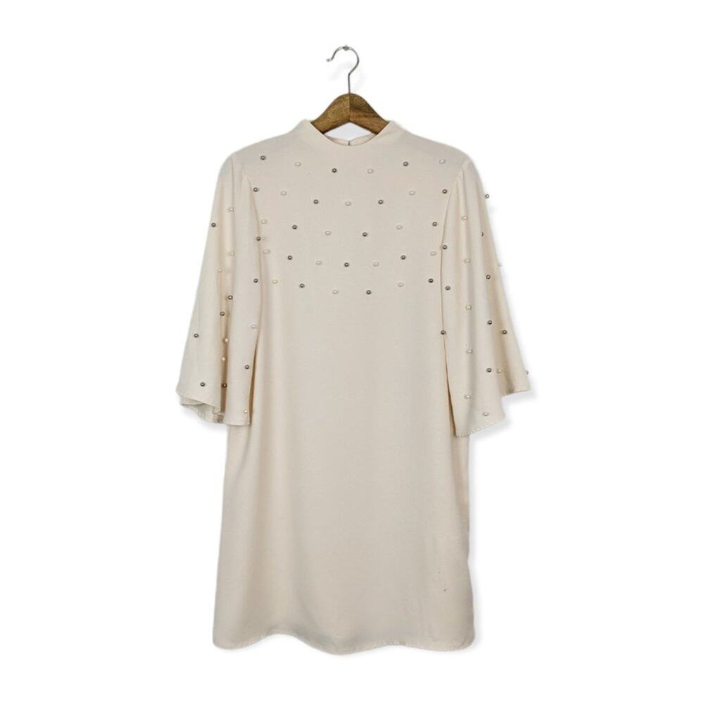 River Island Mini Dress 6 Pearl Embellished Flare Sleeve Cocktail Chic